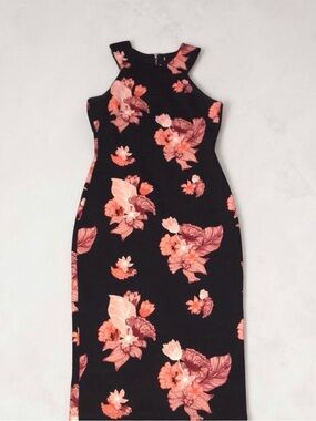 H&M Black Textured Structured Midi Dress with Pink Floral Print
